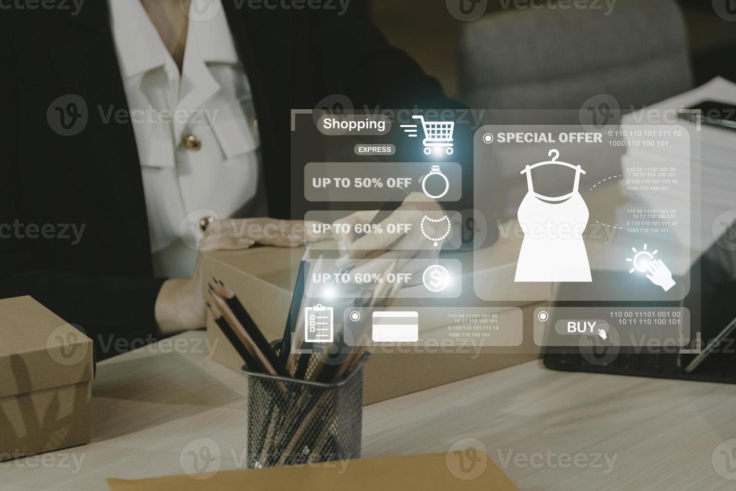Attractive Asian SME business woman working at home office. online shopping concept photo