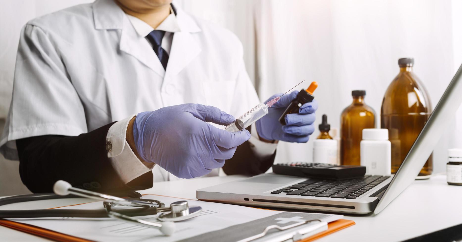 Medicine doctor and stethoscope touching icon medical network connection with modern interface on digital tablet in hospital background. Medical technology network concept photo