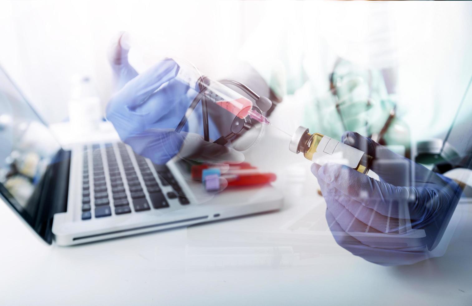 Medicine doctor and stethoscope touching icon medical network connection with modern interface on digital tablet in hospital background. Medical technology network concept photo