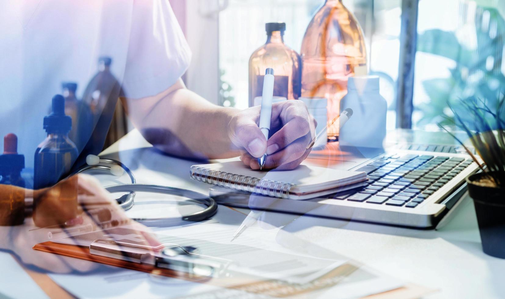 Medicine doctor and stethoscope touching icon medical network connection with modern interface on digital tablet in hospital background. Medical technology network concept photo