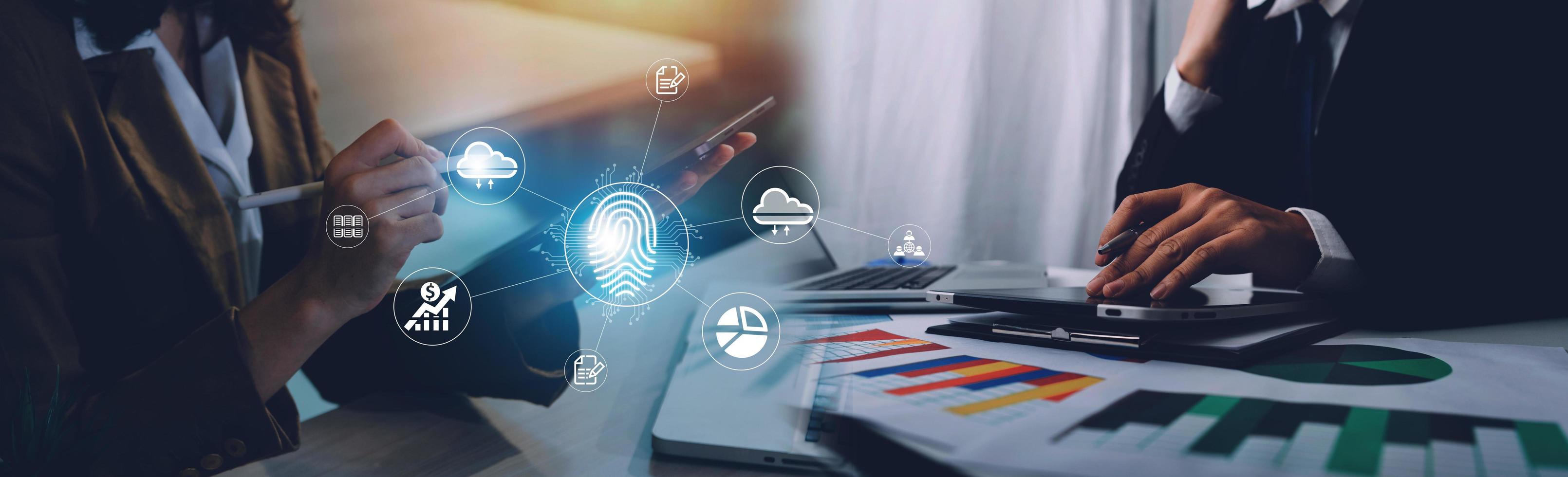 Online transactions, Businessman touching fingerprint scan provides security interface payment shopping banking and cloud computing network connection on virtual screen. photo