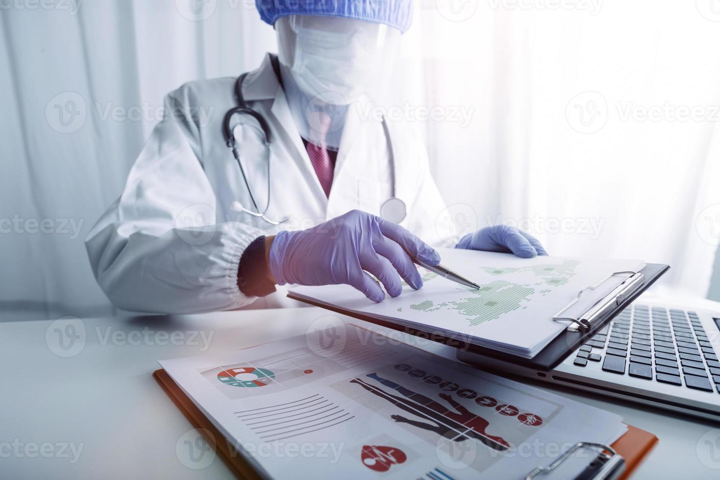 Medicine doctor and stethoscope touching icon medical network connection with modern interface on digital tablet in hospital background. Medical technology network concept photo