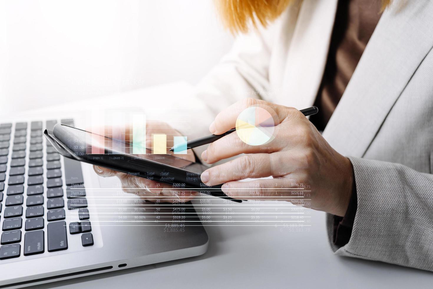 Business People Meeting to analyse and discuss and brainstorming the financial report chart data in office Financial advisor teamwork and accounting concept. photo
