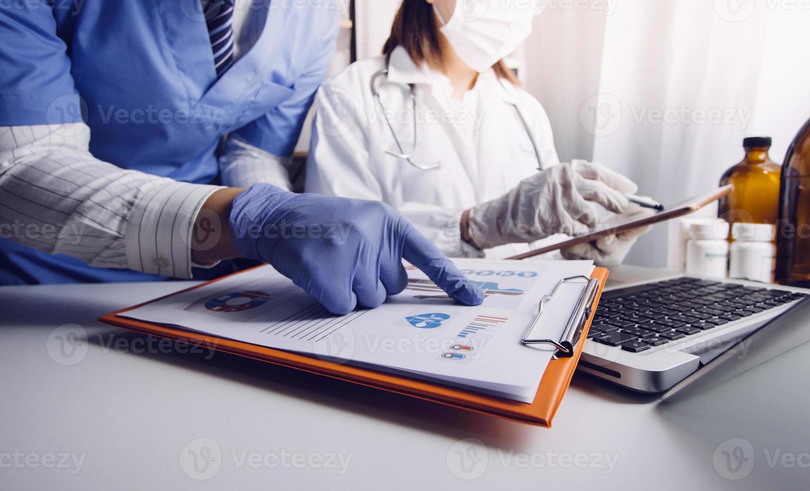 Medicine doctor and stethoscope touching icon medical network connection with modern interface on digital tablet in hospital background. Medical technology network concept photo