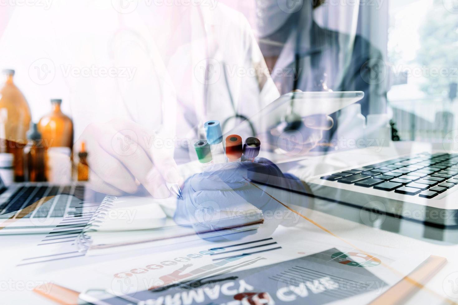 Medicine doctor and stethoscope touching icon medical network connection with modern interface on digital tablet in hospital background. Medical technology network concept photo