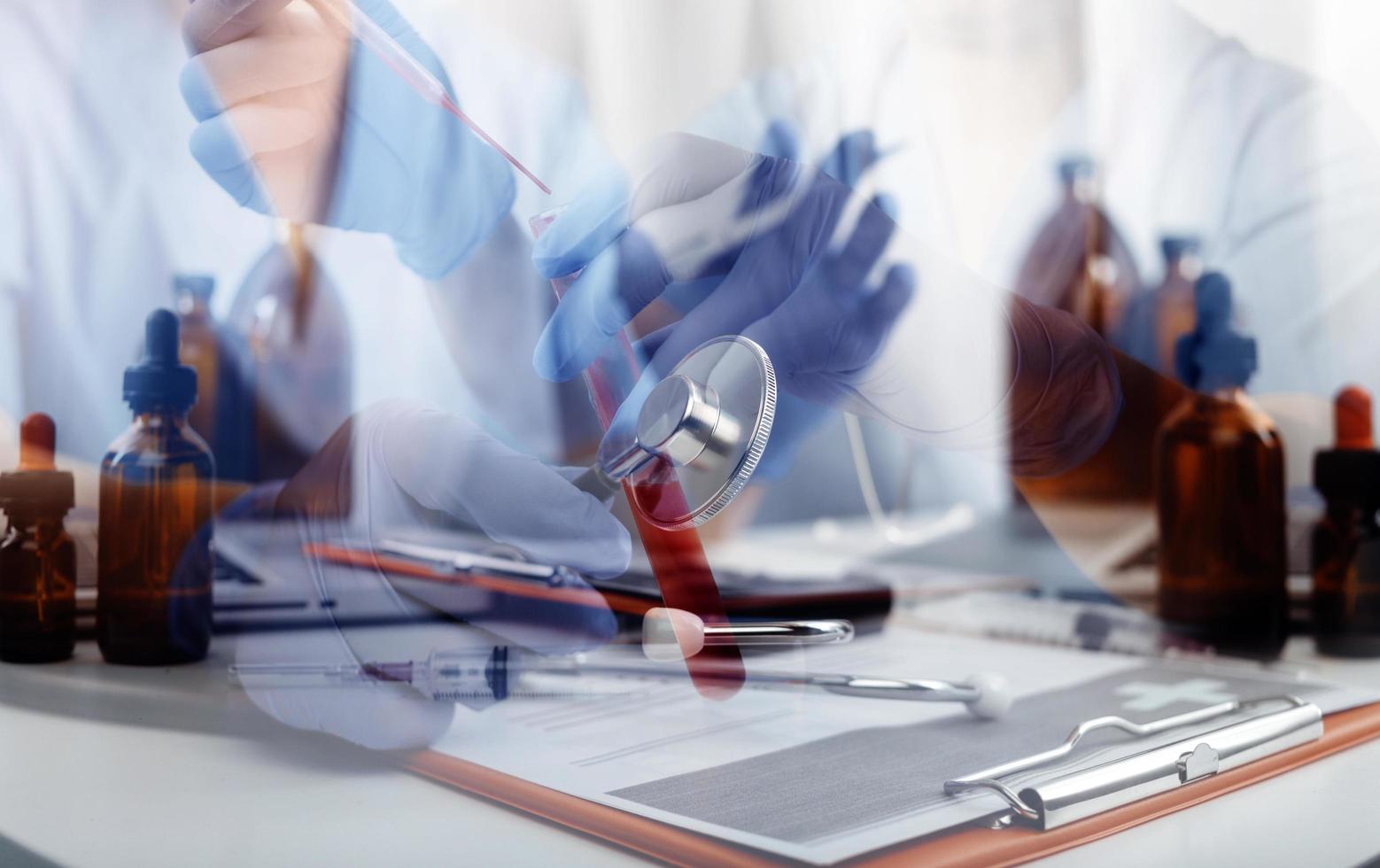 Medicine doctor and stethoscope touching icon medical network connection with modern interface on digital tablet in hospital background. Medical technology network concept photo