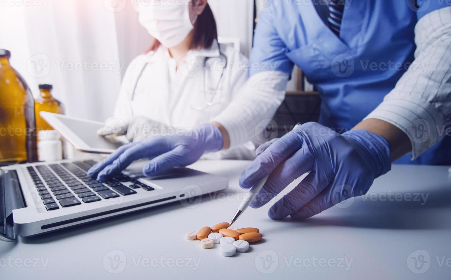 Medicine doctor and stethoscope touching icon medical network connection with modern interface on digital tablet in hospital background. Medical technology network concept photo