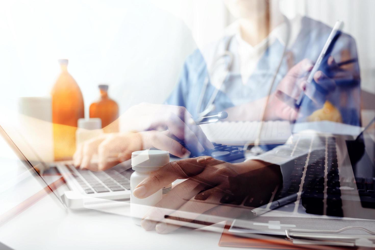Medicine doctor and stethoscope touching icon medical network connection with modern interface on digital tablet in hospital background. Medical technology network concept photo