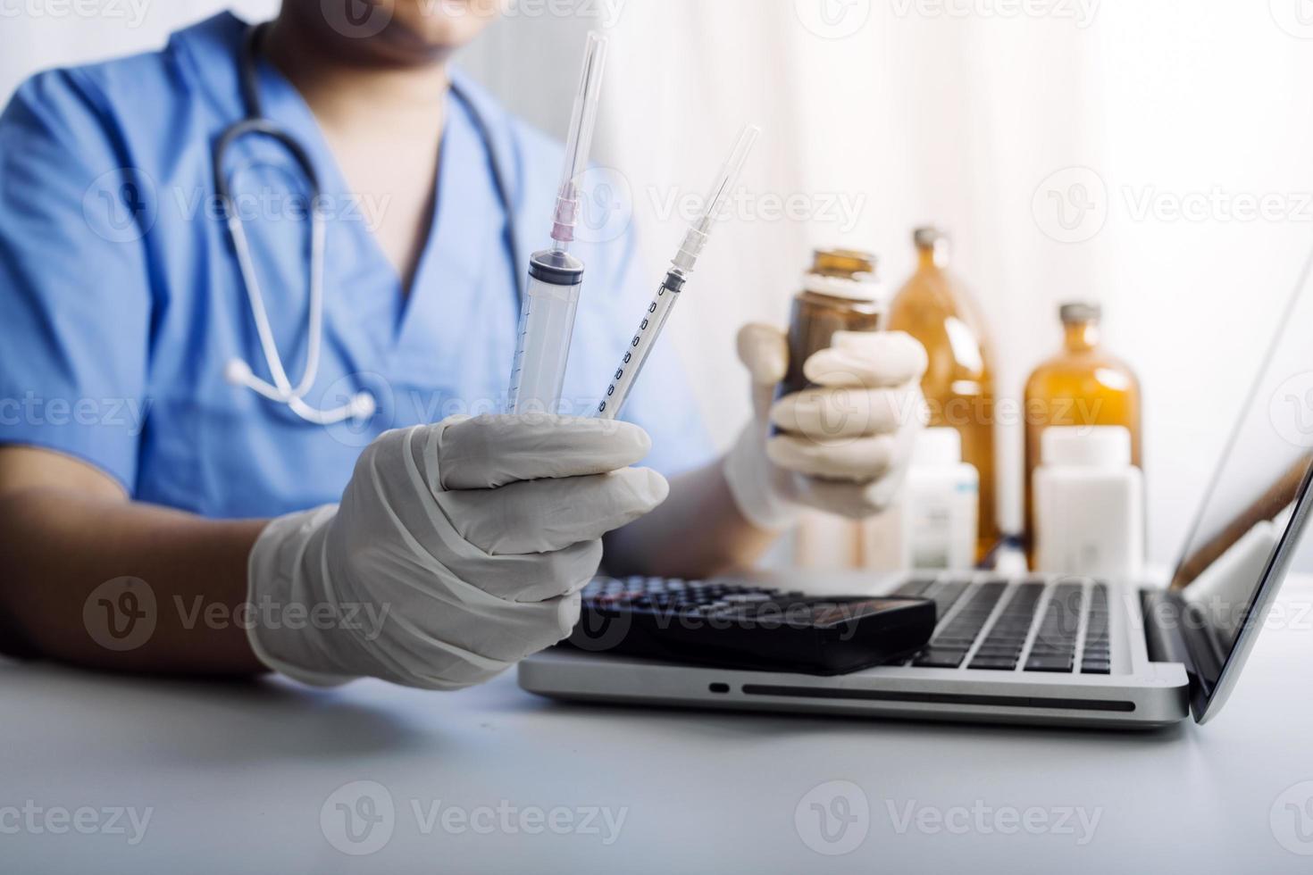 Medicine doctor and stethoscope touching icon medical network connection with modern interface on digital tablet in hospital background. Medical technology network concept photo