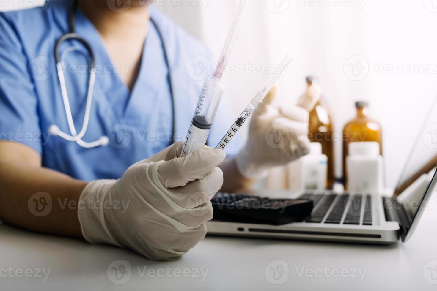 Medicine doctor and stethoscope touching icon medical network connection with modern interface on digital tablet in hospital background. Medical technology network concept photo