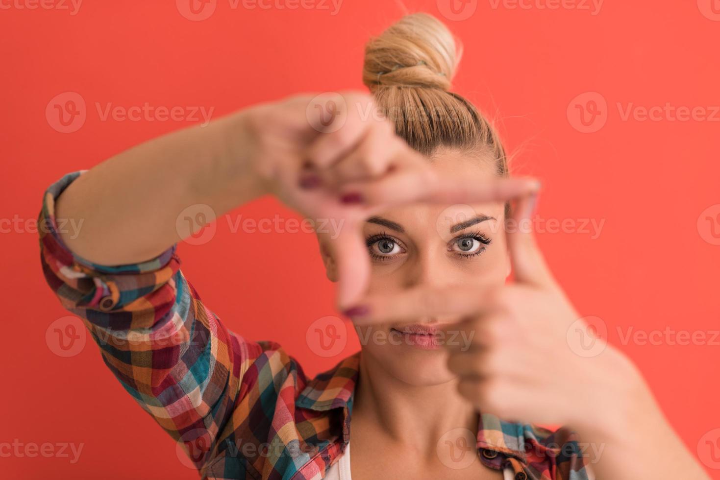 young woman over color background photo