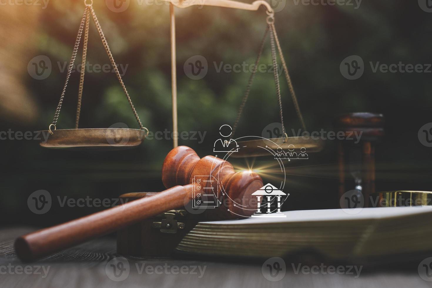 Business and lawyers discussing contract papers with brass scale on desk in office. Law, legal services, advice, justice and law concept picture with film grain effect photo