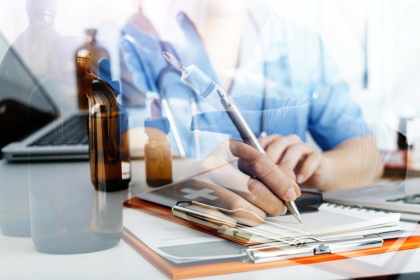 Medicine doctor and stethoscope touching icon medical network connection with modern interface on digital tablet in hospital background. Medical technology network concept photo