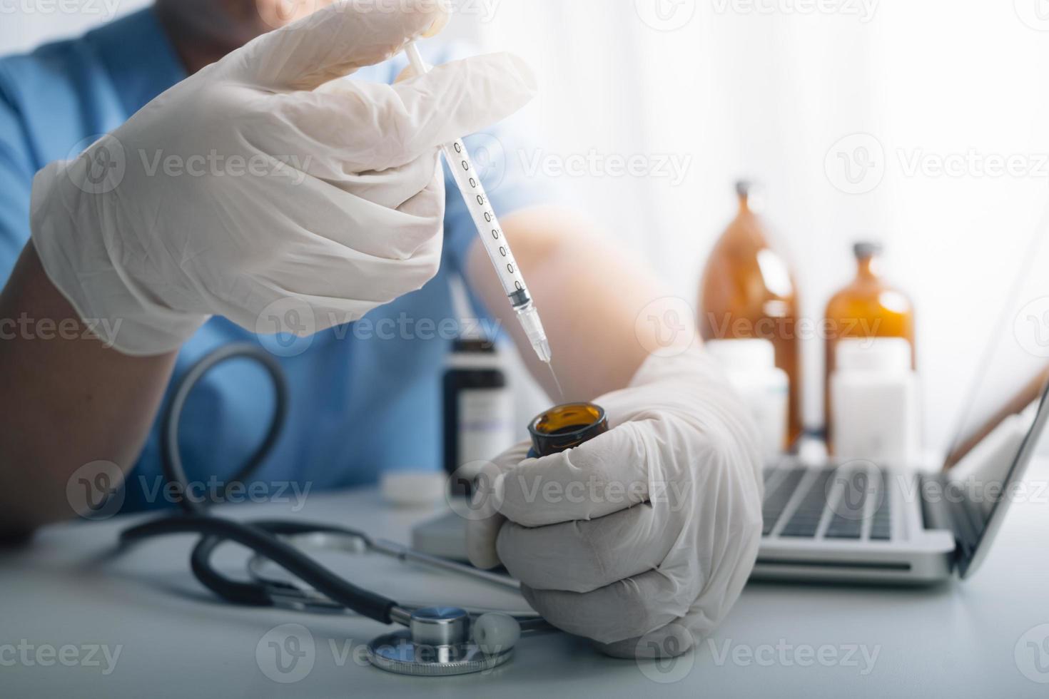 Medicine doctor and stethoscope touching icon medical network connection with modern interface on digital tablet in hospital background. Medical technology network concept photo