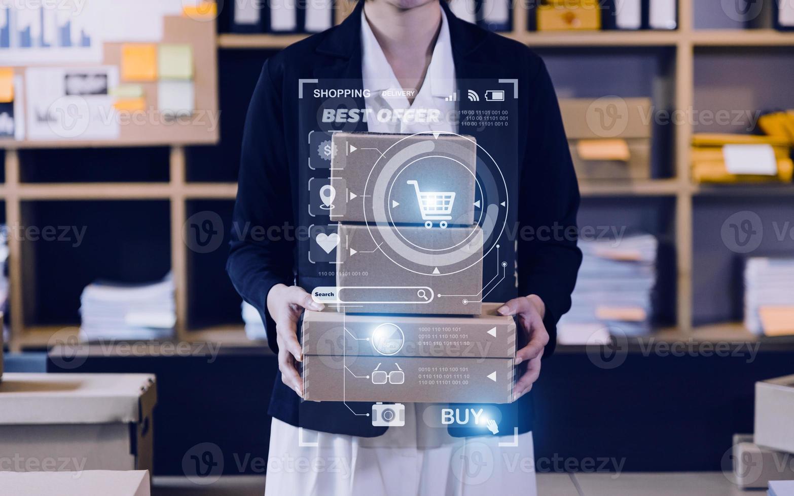 Attractive Asian SME business woman working at home office. online shopping concept photo
