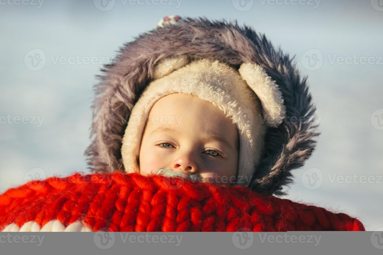 Little girl child sitting on sledges photo