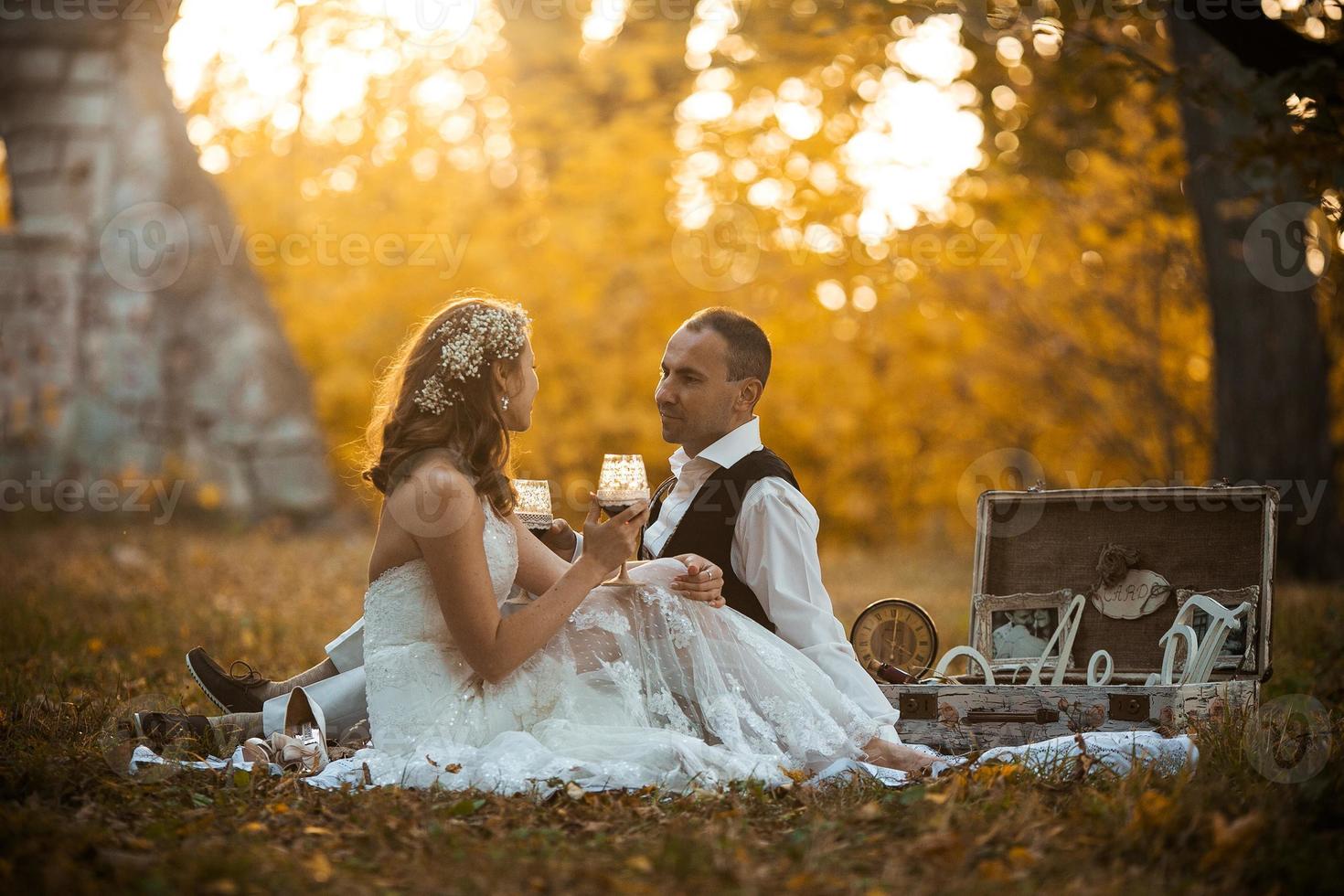 Beautiful wedding couple at a picnic under tree photo