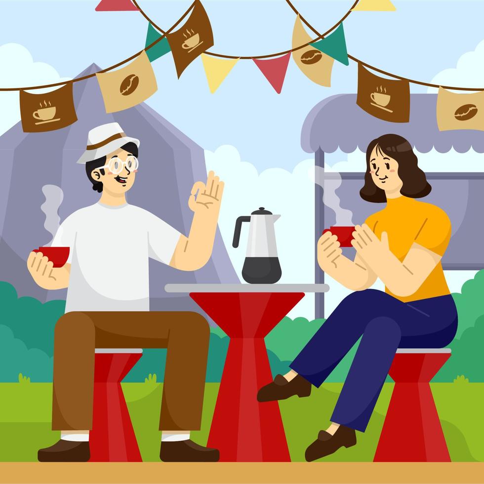 A Man and Woman Enjoying Coffee at the Festival vector