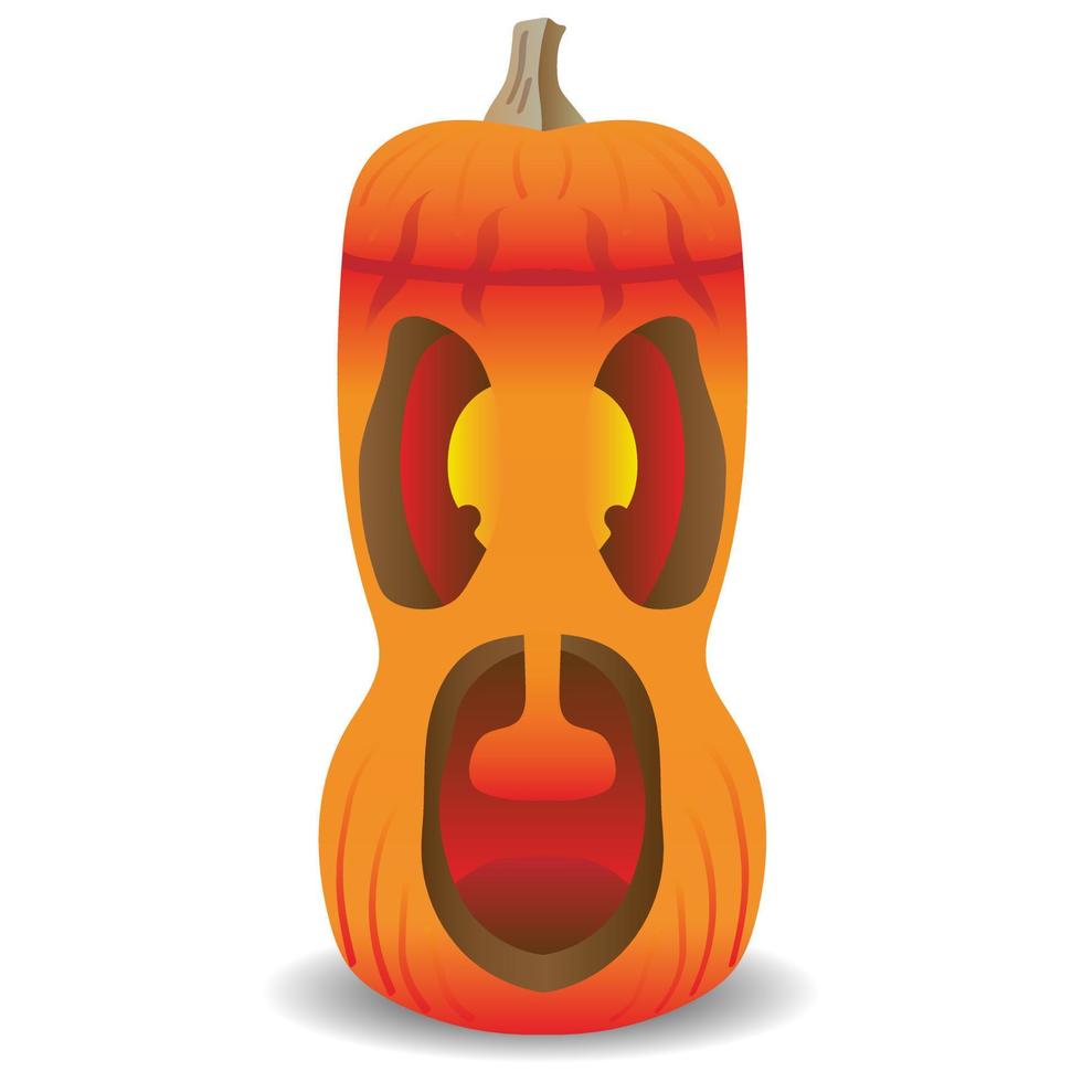 A long gourd screams with a fiery glow inside. Vector isolated illustration on white background. Traditional decoration, halloween celebration symbol