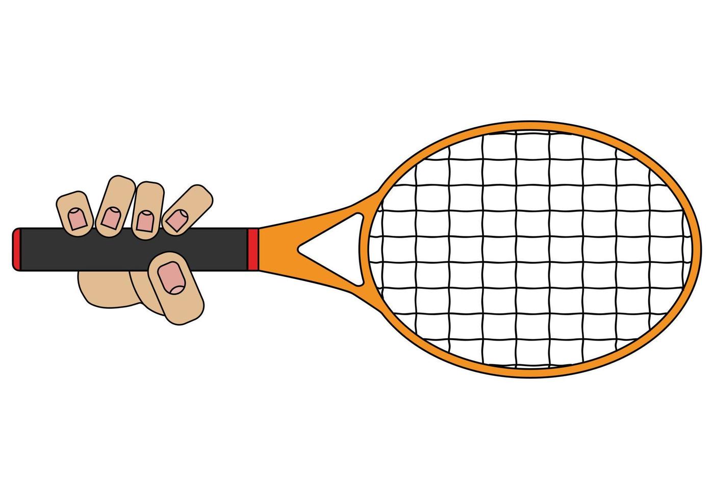 mano sosteniendo una raqueta de tenis, aislada en fondo blanco en estilo de dibujos animados en gráfico vectorial vector