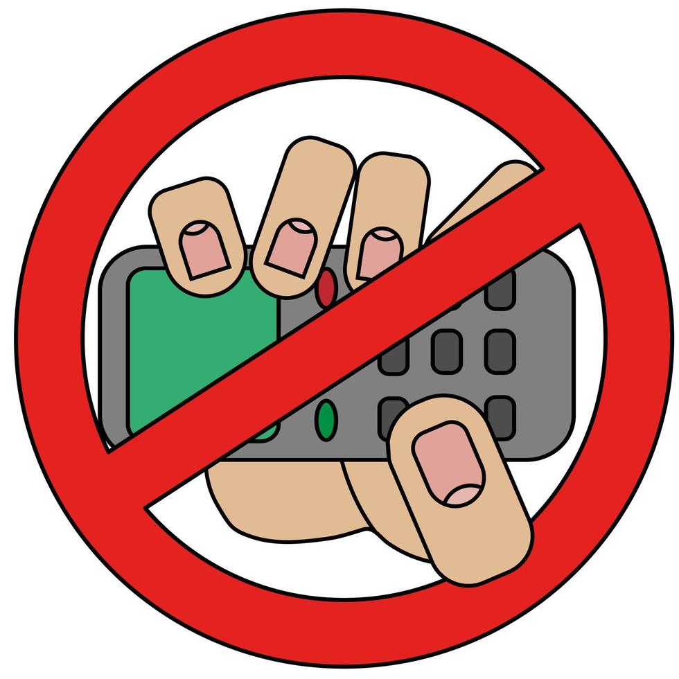 Hand holding mobile phone, prohibition sign isolated on white background in cartoon style in vector graphic