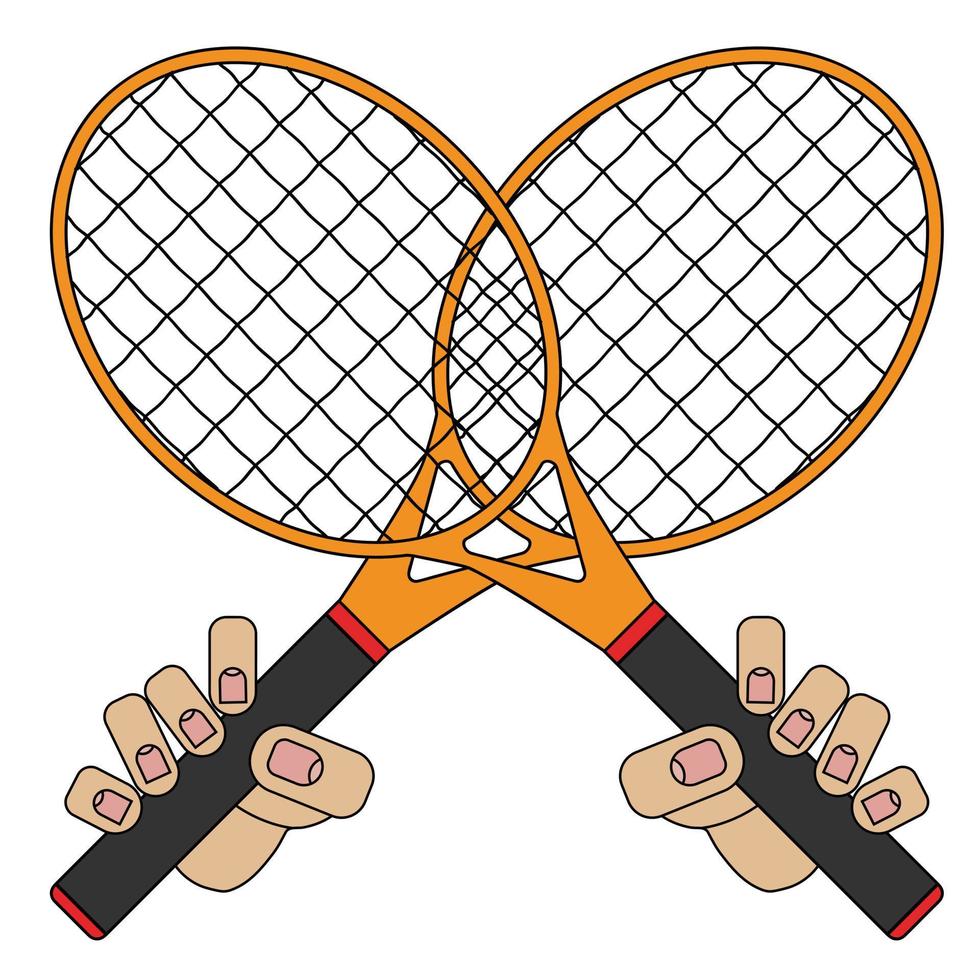 tennis rackets in hands, picture isolated on white background in cartoon style in vector graphic