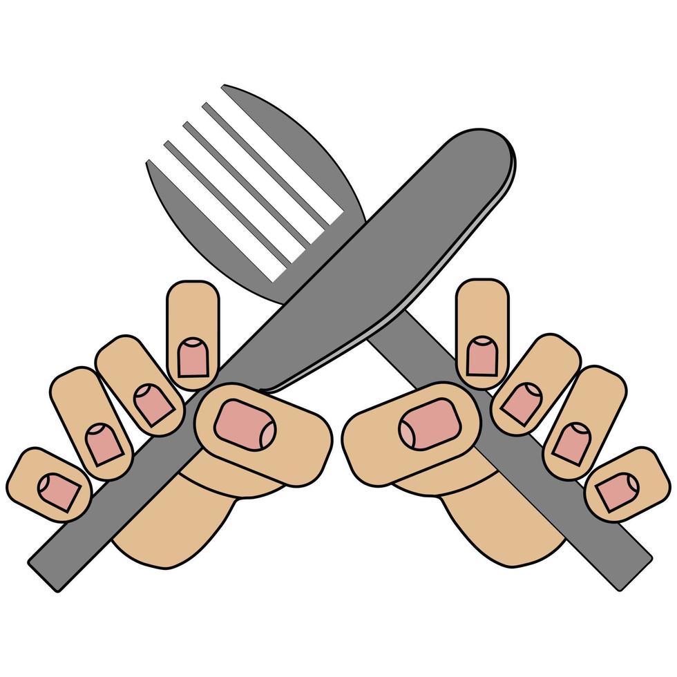 fork and knife in hands, picture isolated on white background in cartoon style in vector graphic