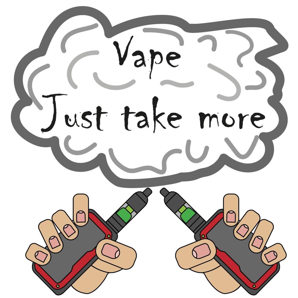 Vector vape shop illustration with hand holding electric tool for vaping. Vapor, electric cigarette, vaporizer e-cig icon. Comics cartoon style.