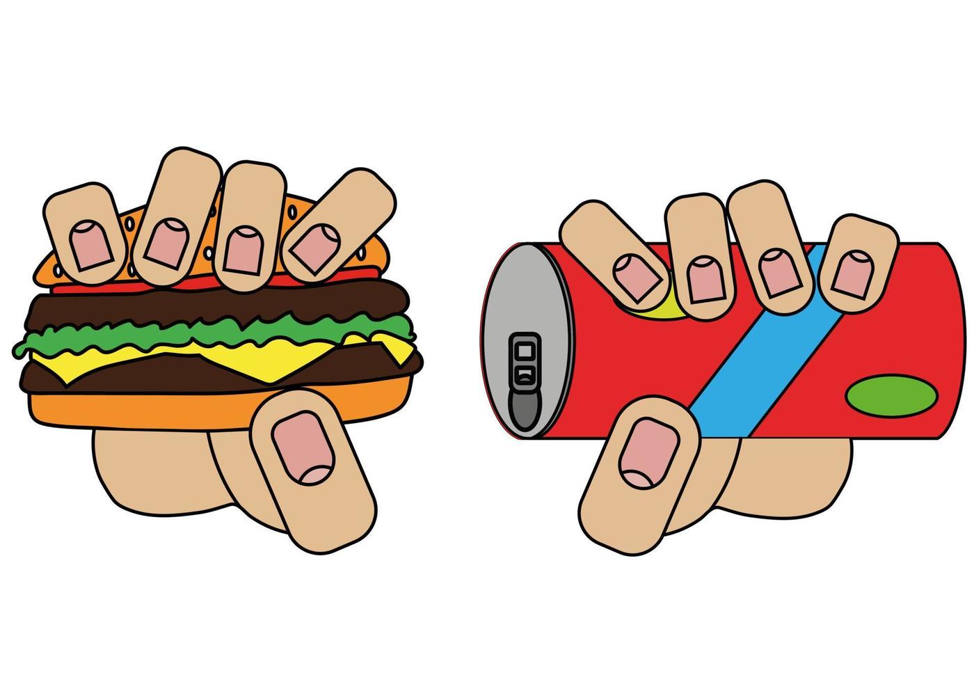 hamburger and can with drink in hands, picture isolated on white background in cartoon style in vector graphic