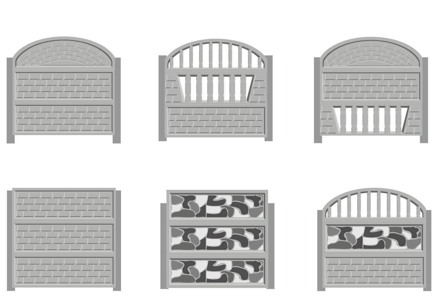 Set of gray concrete fence made of blocks. Brick construction. Fencing for home and garden. Vector graphics