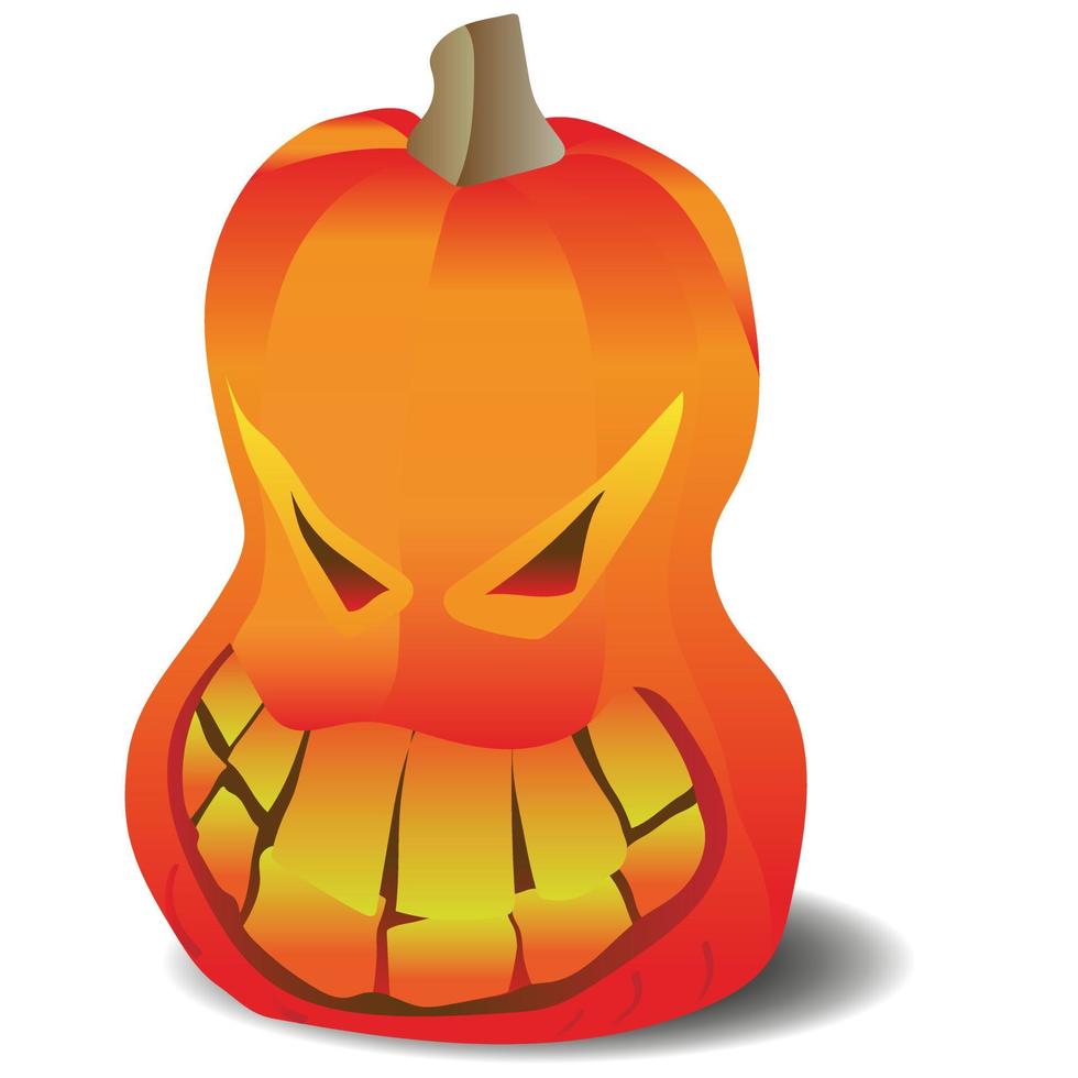 A pumpkin with an evil smile and a fiery glow inside. Vector isolated illustration on white background. Traditional decoration, halloween celebration symbol