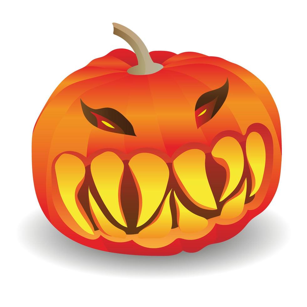 Scary pumpkin with huge teeth with a fiery glow inside. Vector isolated illustration on white background. Traditional decoration, halloween celebration symbol