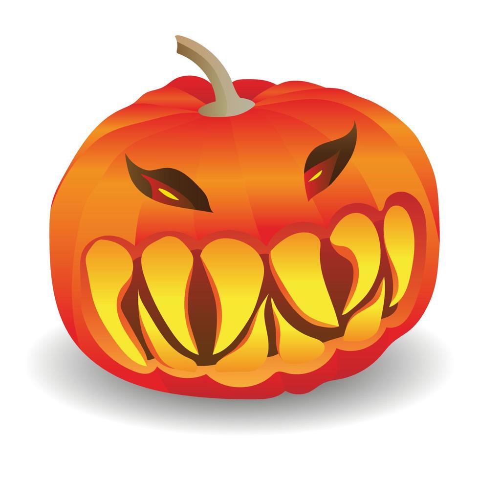 calabaza aterradora con dientes enormes con un resplandor ardiente en el interior. ilustración vectorial aislada sobre fondo blanco. decoración tradicional, símbolo de celebración de halloween vector