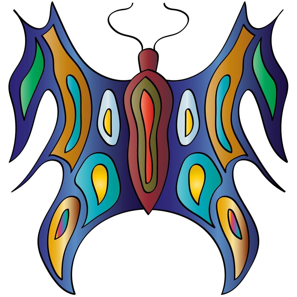 mariposa multicolor. Aislado en un fondo blanco. elemento de diseño para logotipo, afiche, tarjeta, pancarta, emblema, camiseta. ilustración vectorial en estilo de dibujos animados. vector