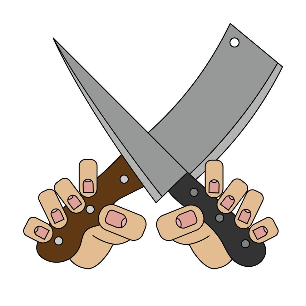 knife and kitchen hatchet in hands, picture isolated on white background in cartoon style in vector graphic