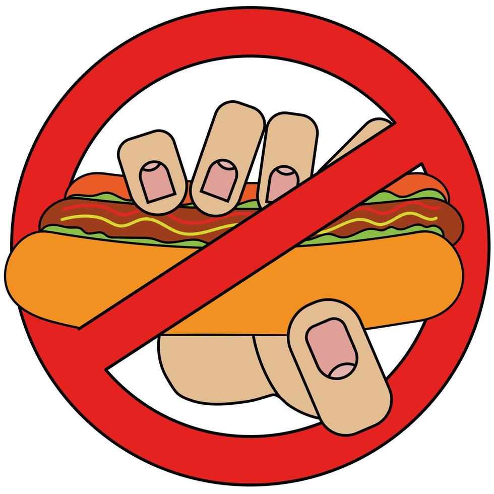 Hand holding hot dog, prohibition sign isolated on white background in cartoon style in vector graphic