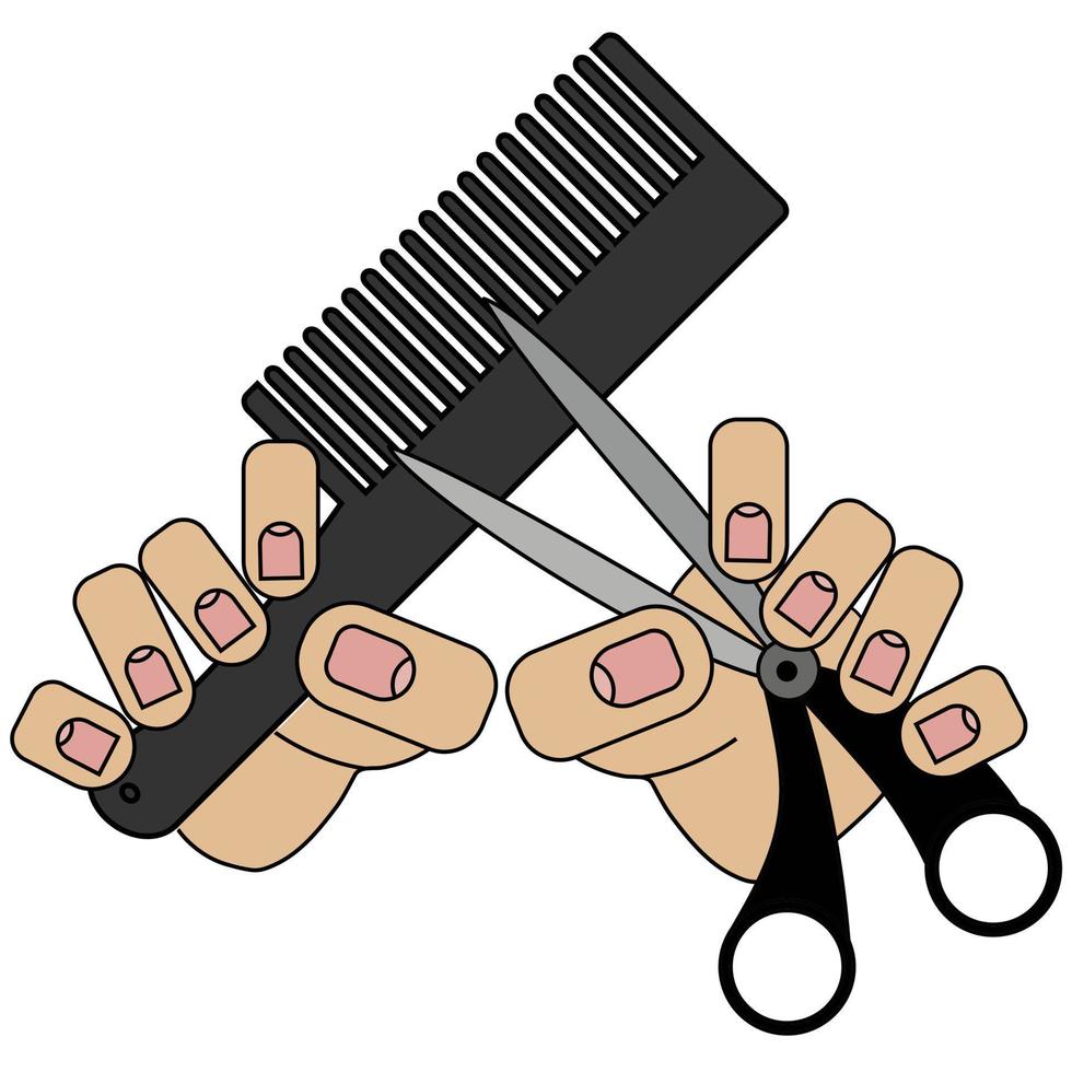 Comb and scissors in hand. Isolated on white background in cartoon style in vector graphic