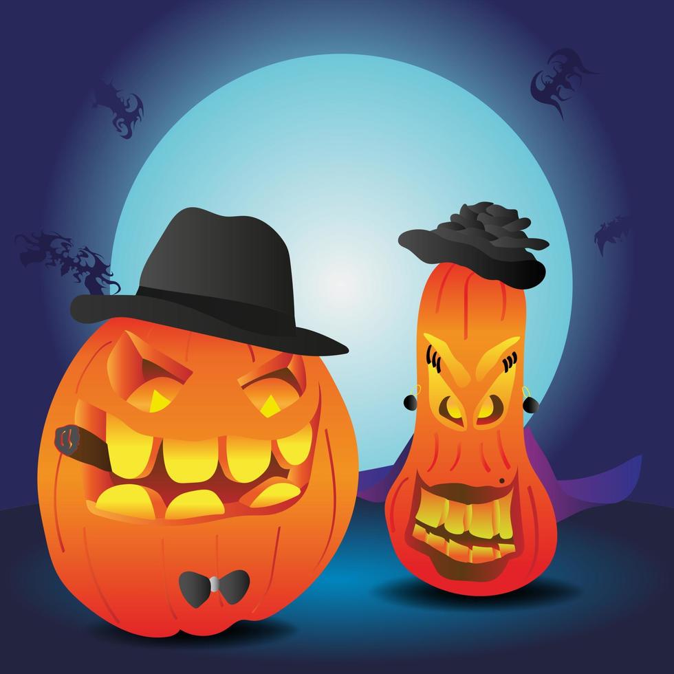 Halloween pumpkins on the background of the moon. Husband and wife. The bats. Blue background. Design element for poster, postcard, banner. Vector illustration in cartoon style.