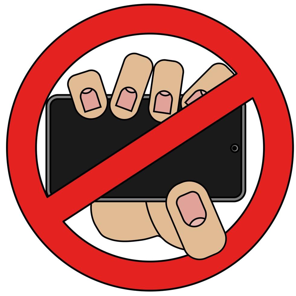 Hand holding smartphone, prohibition sign isolated on white background in cartoon style in vector graphic