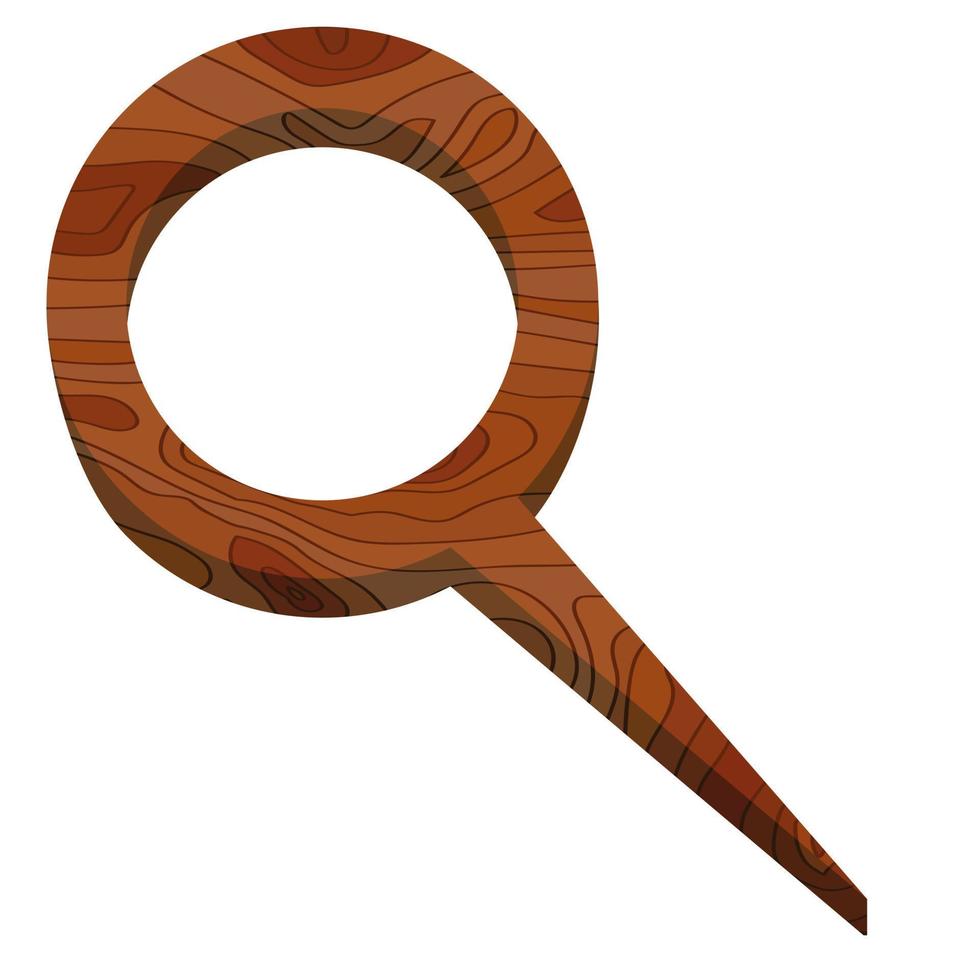 Magnifying glass icon. Carved from wood in cartoon style, isolated on white background vector