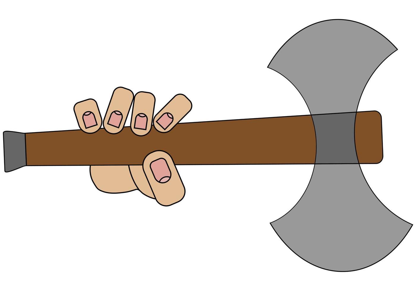 Hand holding a battle ax isolated on white background in cartoon style in vector graphic