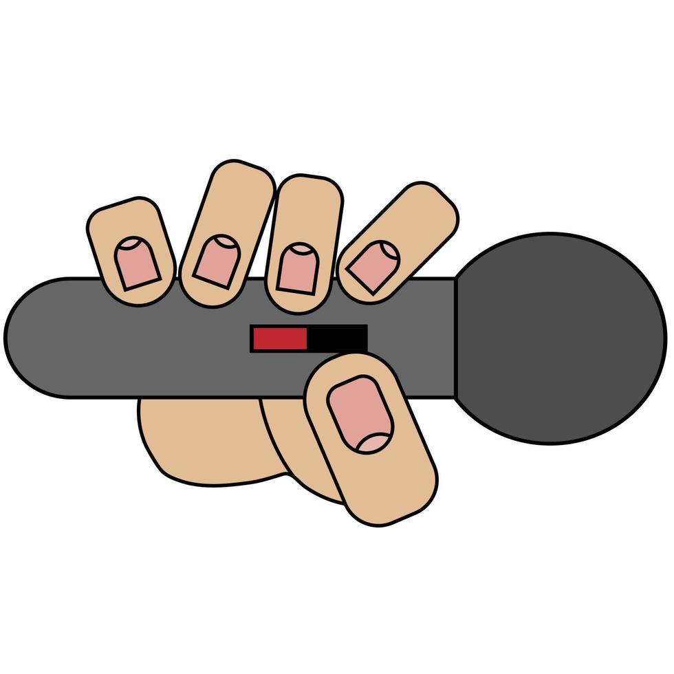 mano sosteniendo un micrófono sobre un fondo blanco en un estilo de dibujos animados vector