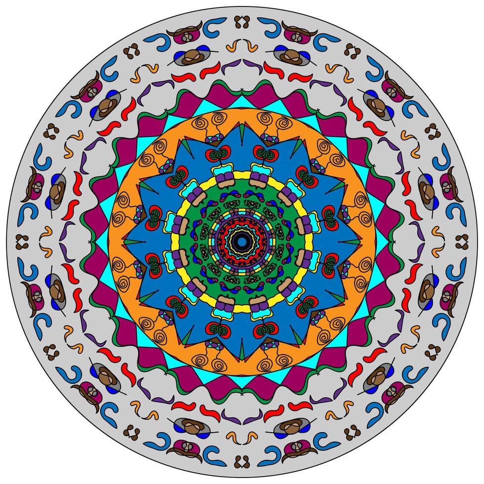 Mandala vector colorful illustration. Ethnic bright colors hand drawn round ornament in oriental or Indian style. Tribal ornamental mandala. Floral and nature motifs.