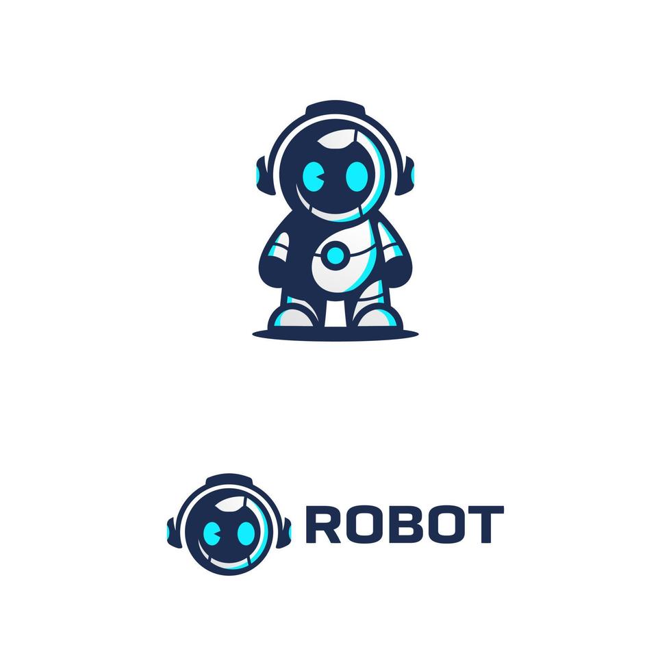 lindo personaje robot mascota con auriculares ilustración logo vector