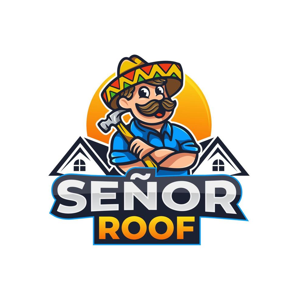 Mexican Man With Mustache Wearing Sombrero Hat and Hold Hammer For Home Roof Builder Repair and Service Mascot Logo vector
