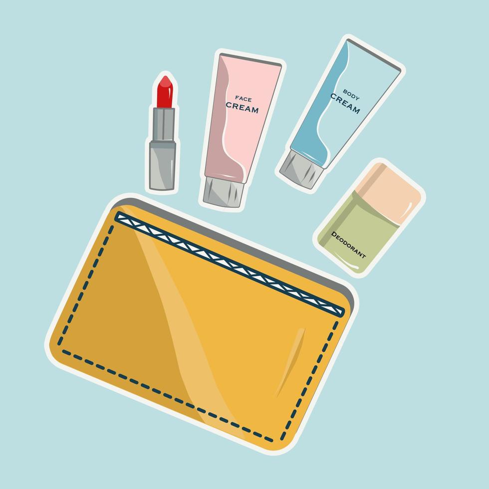 Vector sticker set with outline yellow cosmetic bag with travel cosmetics