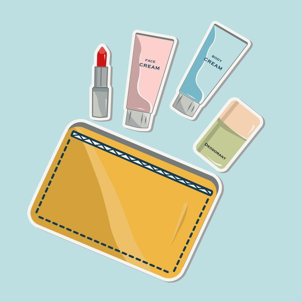 Vector sticker set with vector shadow yellow cosmetic bag with travel cosmetics