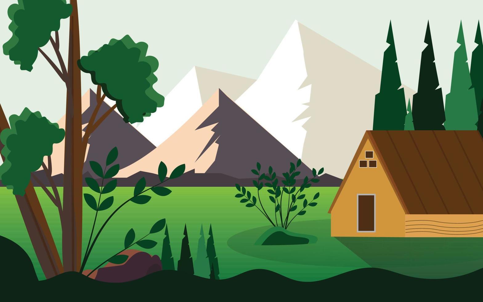 escena de verano con montañas y campo verde e ilustración de paisaje de casa vector
