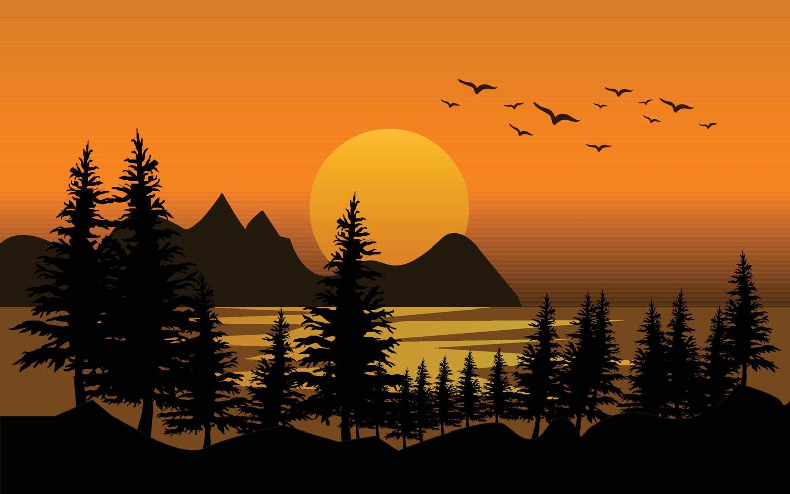 Sunset scene in forest. Glowing forest sky with river and sky landscape vector