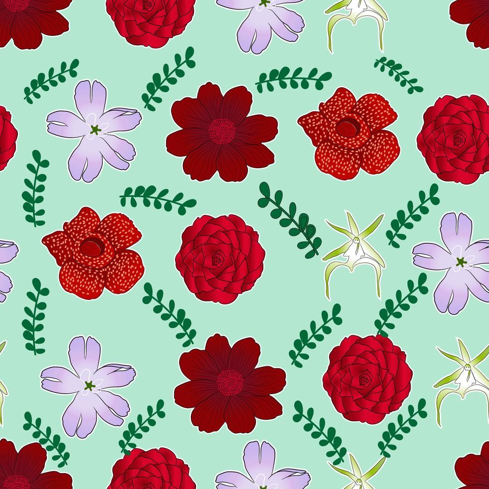 rare flower seamless illustration design like rafflesia arnoldii, middlemost red, Gibraltar Campion, Ghost orchid, Chocolate cosmos vector